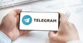 Logo of Telegram group chatting application, page in mobile phone. Social net, media resource, platfom, app to talk, chat, voice,