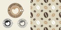 Logo template, cup of coffee with foam in the shape of a heart. Seamless pattern with coffee beans on a light background Royalty Free Stock Photo