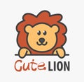 Logo template with cute lion. Vector logo design template for zoo, veterinary clinics. Cartoon african animal logo illustration