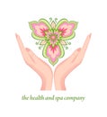 Logo template with female hands holding beautiful abstract orchid flower for healthcare, spa, cosmetics, beauty industry