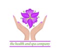 Logo template with female hands holding beautiful abstract violet phalaenopsis flower for healthcare, spa and massage salon, cosme