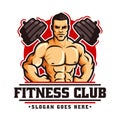 Logo template vector of Bodybuilder gym fitness theme, with muscle man character and barbell Royalty Free Stock Photo