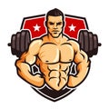 Logo template vector of Bodybuilder gym fitness theme, with muscle man character and barbell Royalty Free Stock Photo