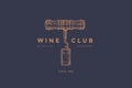Logo template of wine club with image corkscrew and wine cork on dark blue background. Royalty Free Stock Photo