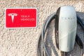 Logo of Tesla on their main charging station in Belgrade. Tesla specializes in electric vehicles