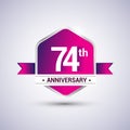 Logo 74th anniversary celebration isolated in red hexagon shape and red ribbon colored, vector design