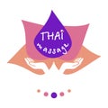 Logo thai massage. Stylized colored lotus flower and hands. Authentic Thai massage concept for your web site design, logo, Royalty Free Stock Photo