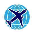 Logo on the theme of aviation and air travel. Airliner and globe