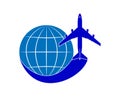 Logo on the theme of aviation and air travel. Airliner and globe