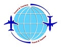 Logo on the theme of aviation, travel and tourism. Airliner and globe