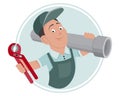 Logo on the theme of plumbing repair, a young cheerful man in a uniform holds an adjustable wrench and a plastic pipe. Royalty Free Stock Photo