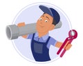 Logo on the theme repair, a young man in uniform holds an adjustable wrench and a plastic pipe. Icon, illustration Royalty Free Stock Photo