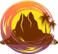 Logo with tropical landscape silhouettes nature scenery with volcano and palm trees Royalty Free Stock Photo