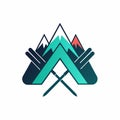 Logo of two hands holding a mountain, symbolizing strength and support, A simple design showcasing a pair of skis on a snowy slope