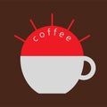 Logo Vector illustration of a gray cup of coffee with lettering coffee with a red sun on a brown background Royalty Free Stock Photo