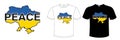 Logo vector map of Ukraine with a black stroke with the word peace, mockups with t-shirts