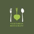 Logo for vegetarian restaurants or cafes. Cutlery: fork and spoon and radish.