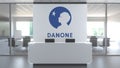 Logo of DANONE on a wall in the modern office, editorial conceptual 3D rendering