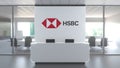 Logo of HSBC on a wall in the modern office, editorial conceptual 3D rendering