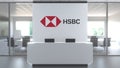 Logo of HSBC on a wall in the modern office, editorial conceptual 3D rendering