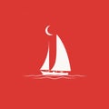 logo of white Brig with sails among sea waves on red background