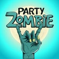 Logo zombie party. Zombie hand shows rock gesture on the background of the moon.