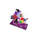 online Shopping. Woman happy shop on Smartphone on black friday shop Flat Vector Illustration