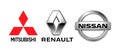 Logos of car manufacturers alliance: Renault, Nissan, Mitsubishi, on white background, vector illustration