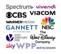 Logos collection of the biggest world broadcasting companies, such as: 21st Century Fox, Viacom, Gannett, NBC, WPP, Sky, and