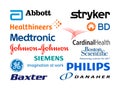 Logos collection of the biggest world medical equipment manufacturers, such as: Danaher, Stryker, Becton Dickinson, and others,