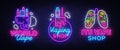 Logos collection electronic cigarette in neon style. Vape Shop Neon Signs set, Vape Shop Concepts, Emblem, Bright Night