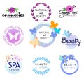 Logos of natural health and beauty. Spa, beauty center, top quality cosmetics, natural products. Royalty Free Stock Photo