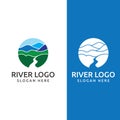 Logos of rivers, creeks, riverbanks and streams. River logo with combination of mountains and farmland with concept design vector