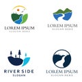 Logos of rivers, creeks, riverbanks and streams. River logo with combination of mountains and farmland with concept design vector