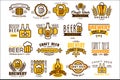 Logos set for brewing company. Vintage linear labels. Emblems with bottles, wheat branches, mugs with beer foam and