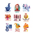 Logos set for jazz festival or live concert. Musical event labels or emblems with guitar, saxophone, retro gramophone Royalty Free Stock Photo