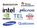 Logos set of popular semiconductors and microchips manufacturers in the world, such as: Broadcom, Texas Instruments, Intel, Micron