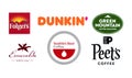 Logos set of Popular Top Coffee Brands in the World, such as: Folgers, Dunkin, Green Mountain, Esmeralda, Seattle`s Best Coffee