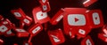 Logos of the social media video site and app Youtube on a heap falling tiles.3D rendering