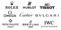 Logos of world watch brands. Rolex, Hublot, Tissot, Omega, Cartier, Bulgari, IWC, Breitling, Patek Philippe. Vector logos on Royalty Free Stock Photo