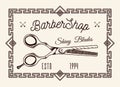 Logotype for barbershop vintage style. Barber shop logo, emblem with scissors sign and lettering Royalty Free Stock Photo