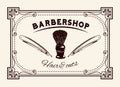 Logotype for barbershop vintage style. Barber shop logo, emblem with shaving brush, dangerous blade Royalty Free Stock Photo