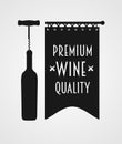 Logotype concept with wine bottle, corkscrew and banner with premium wine quality titling