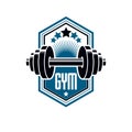 Logotype for heavyweight gym or fitness sport gymnasium, vintage style vector emblem.