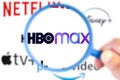 Logotype of 5 leaders of VOD. Highlight of HBOMax with a magnifying glass