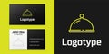 Logotype line Covered with a tray of food icon isolated on black background. Tray and lid. Restaurant cloche with lid