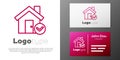 Logotype line House with check mark icon isolated on white background. Real estate agency or cottage town elite class