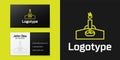 Logotype line Oil rig with fire icon isolated on black background. Gas tower. Industrial object. Logo design template Royalty Free Stock Photo