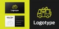 Logotype line Rv Camping trailer icon isolated on black background. Travel mobile home, caravan, home camper for travel