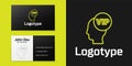 Logotype line Vip inside human head icon isolated on black background. Logo design template element. Vector Royalty Free Stock Photo